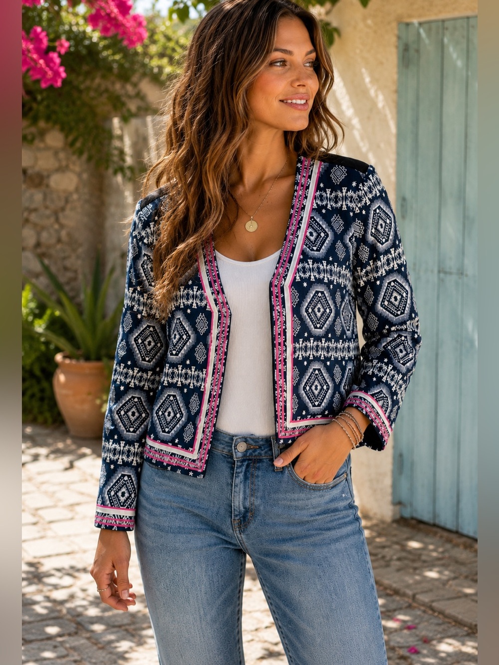 Oober Swank‎ Boho Aztec Cropped Jacket XL Embroidered Trim Open Front
